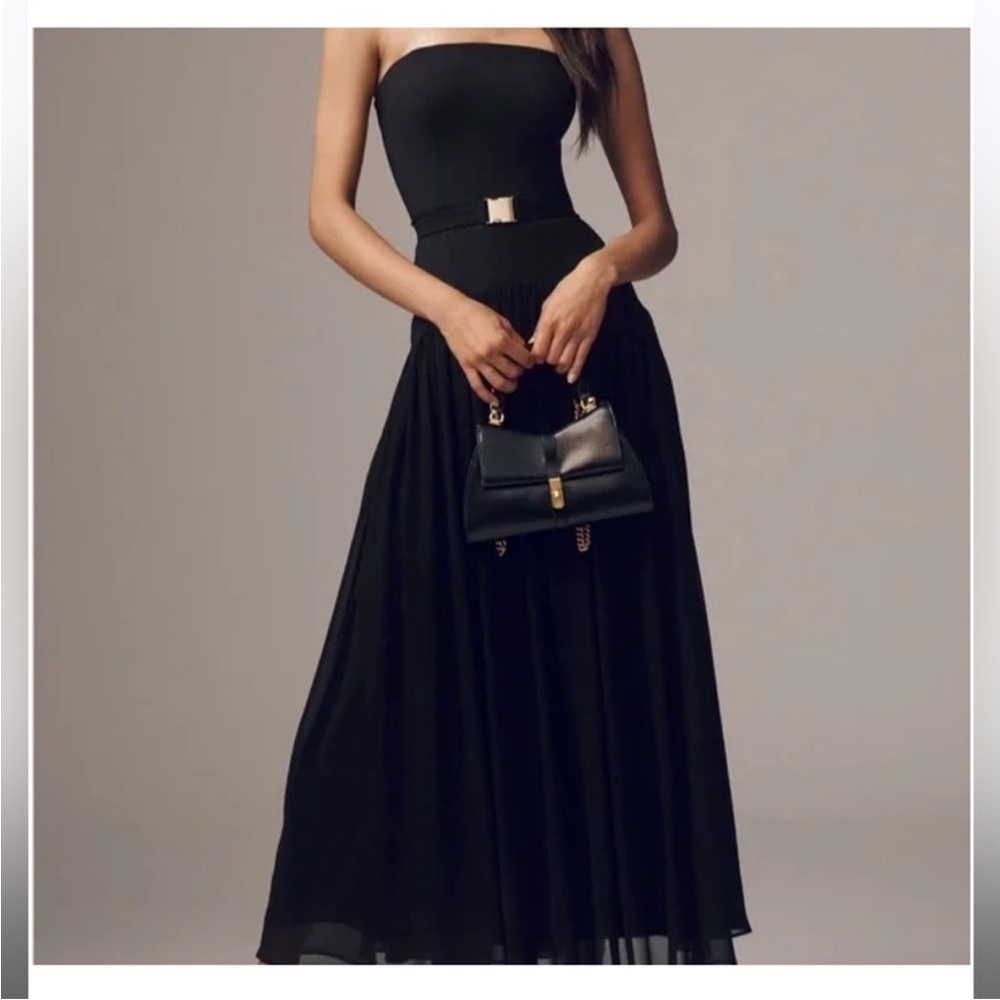 NEW Hutch Carmel Drop Waist Strapless Black Maxi Dress with Gold Belted Waist